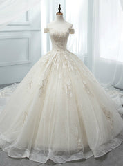 Ligth Champagne Tulle Sequins Off The Shoulder Appliques Wedding Dress