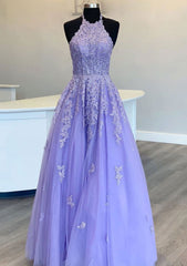 Lilac Princess Halter Long/Floor-Length Lace Tulle Prom Dress With Appliqued Beading