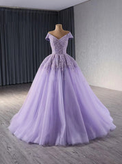 Lilac Tulle Sequins Off the Shoulder Prom Dress