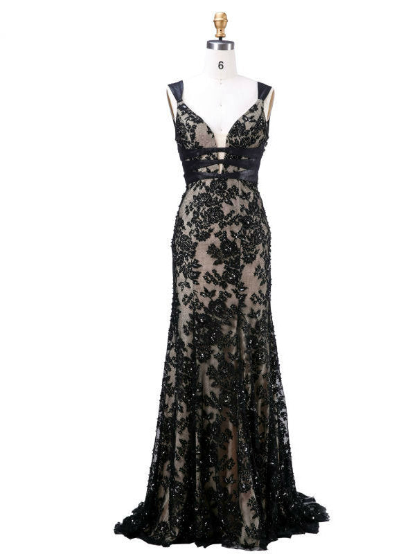 Long Evening Gowns New Arrival With V-Neck Backless Appliques Beading