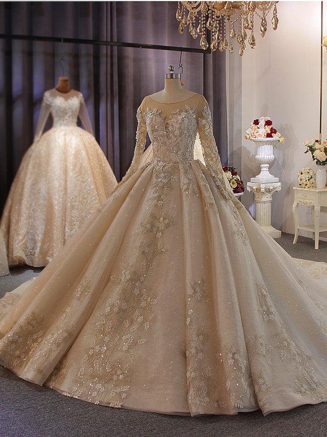 Long Sleeve Sequins Backless Beading Appliques Wedding Dress