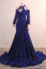 Long Sleeves Royal Blue Prom Dresses Sequin Mermaid Long Dress