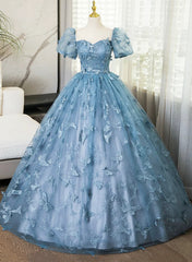 Lovely Blue Short Sleeves Long Party Dress With Butterfly Lace, Blue Prom Dress