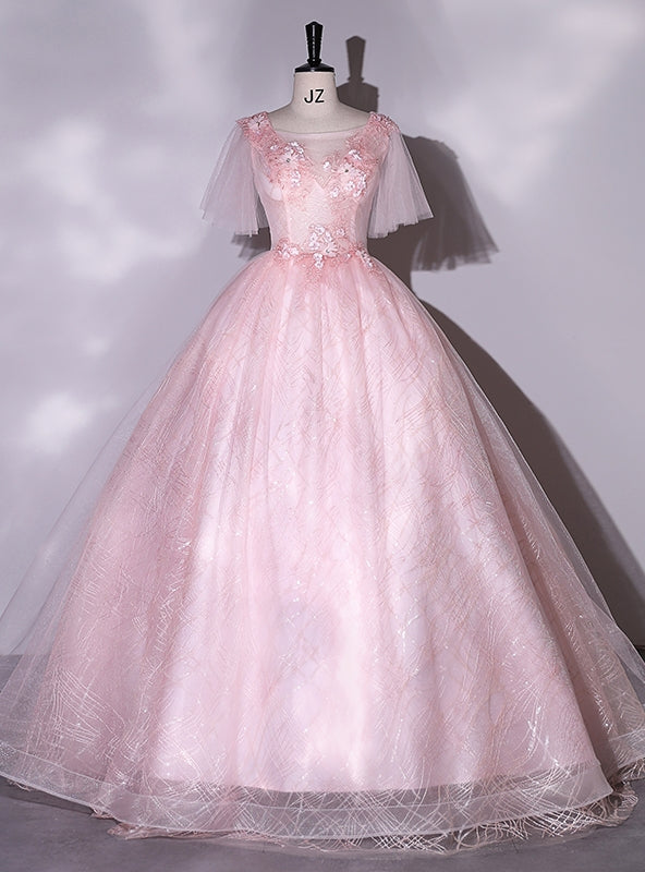 Lovely Pink Tulle Appliques Quinceanera Dress