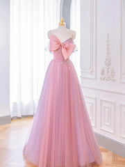 Lovely Pink Tulle Long Prom Dress with Bow Pink Formal Dresses prom dresses shops