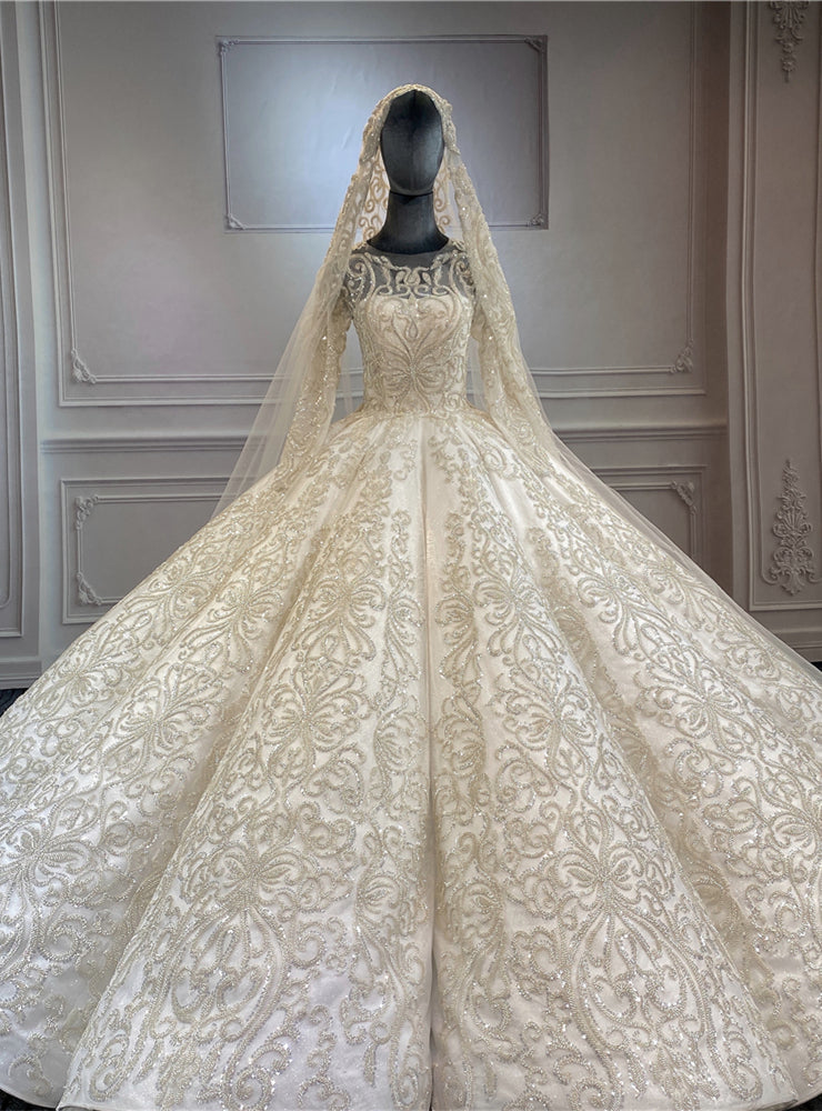 Luxury Ball Gown Dubai Sequins Beading Long Sleeve Wedding Dress