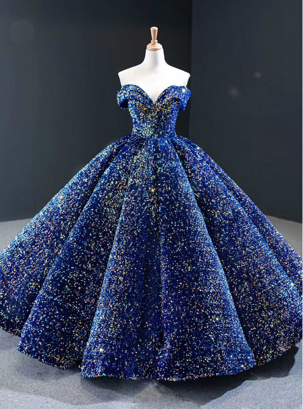 Luxury Blue Sequins Off the Shoulder Sleeveless Long Prom Dress