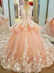 Luxury Pink Ball Gown Tulle Appliques Long Train Wedding Dress