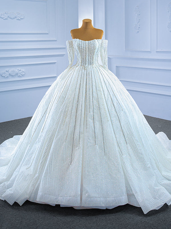 Luxury Tulle Sequins Pearls Long Sleeve Wedding Dress