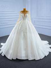 Luxury White Tulle Sequins Long Sleeve Beading Wedding Dress