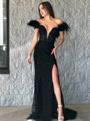 Mermaid Deep V Neck Feather Lace Long Prom Dress