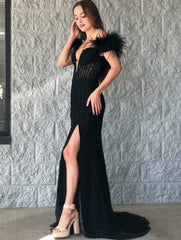 Mermaid Deep V Neck Feather Lace Long Prom Dress