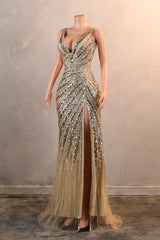 Mermaid Deep V Neck Golden Long Prom Dress with Silt