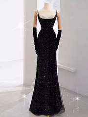 Sjöjungfru lång prom klänning ny ankomst sexig svart slits aftonklänning