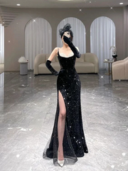 Merenneito pitkä prom -mekko Uusi saapuminen seksikäs musta slit iltapuku