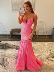 Mermaid Orange V Neck Sequins Prom Dress