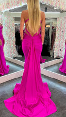 Mermaid Pink V Neck Backless Satin Long Prom Dress