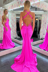 Mermaid Pink V Neck Backless Satin Long Prom Dress