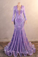 Mermaid Prom Dresses High Neck Long Sleeve Purple Sparkly Sequin Mermaid Long Evening Dresses