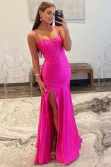 Mermaid Scoop Neck Satin Prom Dress with Slit