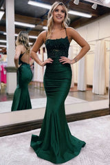 Mermaid Spaghetti Straps Dark Green Long Prom Dress with Appliques