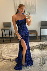 Mermaid Strapless Sequins Long Prom Dress with Slit