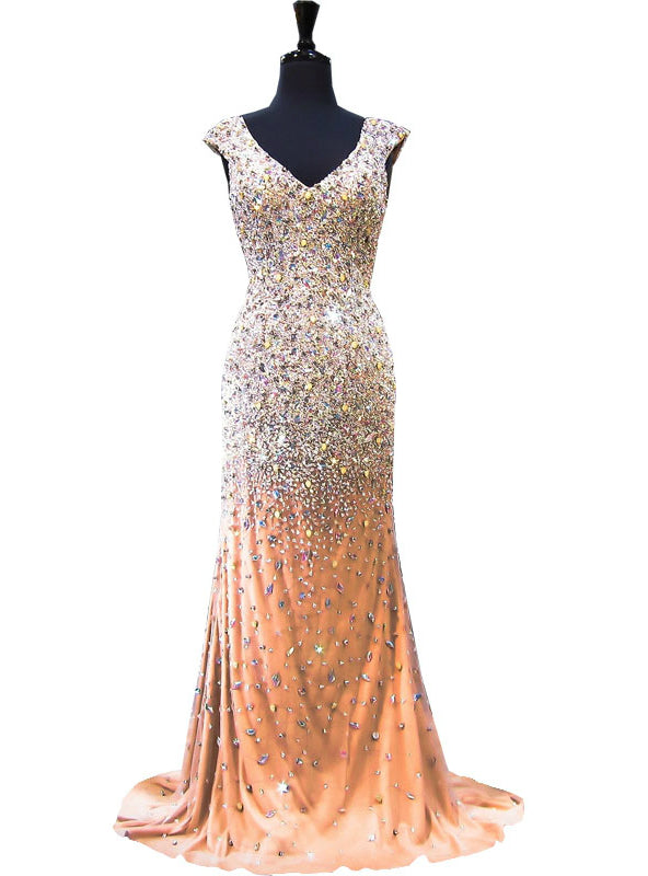 Mermaid V-neck Beaded Crystals Floor Length Champagne Prom Dress