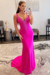 Mermaid V-Neck Beaded Satin Prom Dress with Cross Back