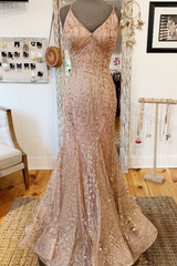 Mermaid V Neck Rose Gold Prom Dress Stunning Evening Dress