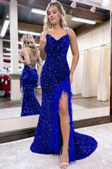 Mermaid V Neck Sequins Long Prom Dress with Slit