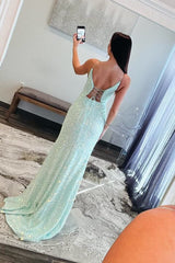 Mint Green Spaghetti Straps Sequins Mermaid Long Prom Dresses With Split