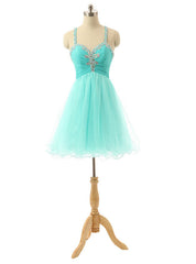 Mint Short Spaghetti Tulle Crystals Homecoming Dresses