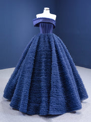 Navy Blue Ball Gown Tulle Strapless Prom Dress