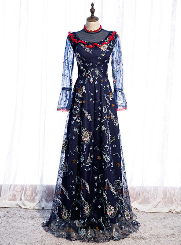 Navy Blue Long Sleeve Embroidery High Neck Prom Dress