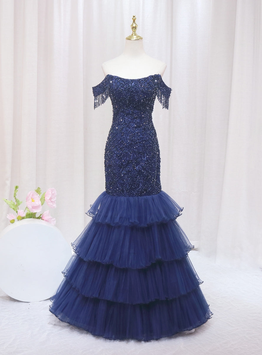 Navy Blue Mermaid Tulle Beading Off the Shoulder Prom Dress