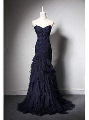 Navy Blue Mermaid Tulle Strapless Pleats Prom Dress