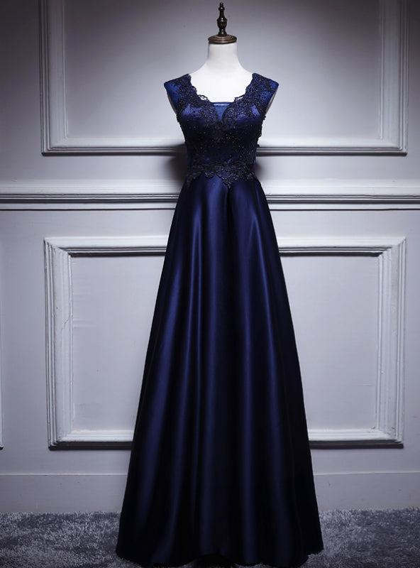 Navy Blue Satin Appliques Beading V-neck Prom Dress