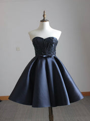 Navy blue satin sweetheart beaded short party dresses for teens