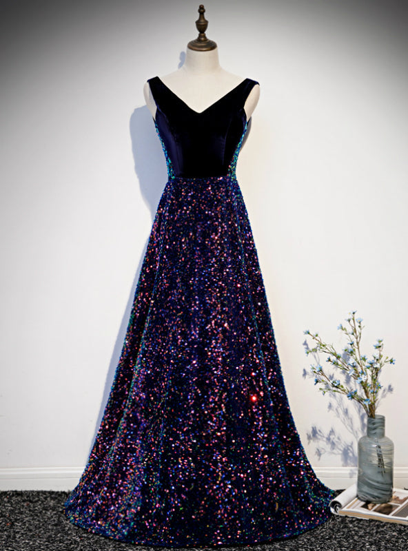 Navy Blue Sequins V-neck Backless Prom Dress