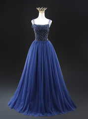 Navy Blue Tulle Beading Spaghetti Straps Prom Dress