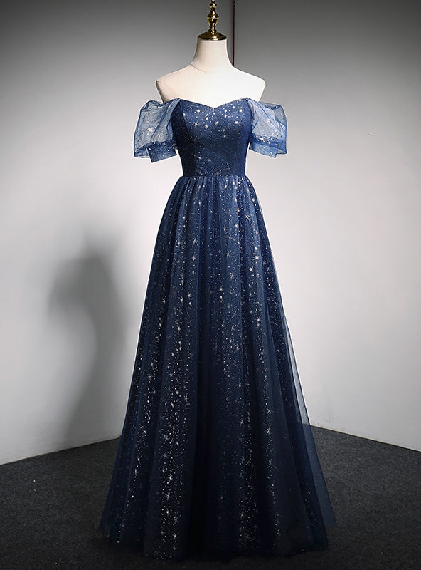 Navy Blue Tulle Sequins Off the Shoulder Puff Sleeve Prom Dress