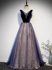 Navy Blue Tulle Sequins Velvet V-neck Prom Dress