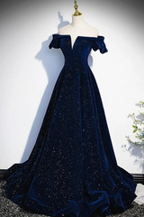 Navy Blue Velvet Off Shoulder Long Party Dress, Navy Blue Prom Dress Formal Dress