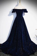 Navy Blue Velvet Off Shoulder Long Party Dress, Navy Blue Prom Dress Formal Dress