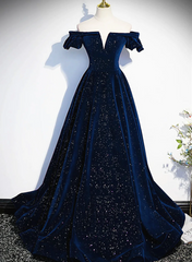 Navy Blue Velvet Off Shoulder Long Party Dress, Navy Blue Prom Dress Formal Dress