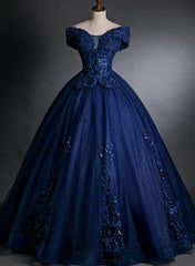 Off Shoulder Navy Blue Long Sweet 16 Gown Blue Tulle with Lace Prom Dress prom dresses shops