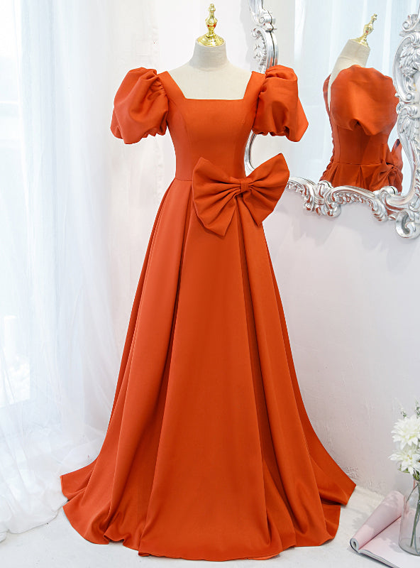 Orange Satin Puff Sleeve Prom Dress With Bow