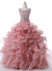 Organza Ruffled Pink Sleeveless Rhinestones Crystals Sequins Sweet 16 Dresses