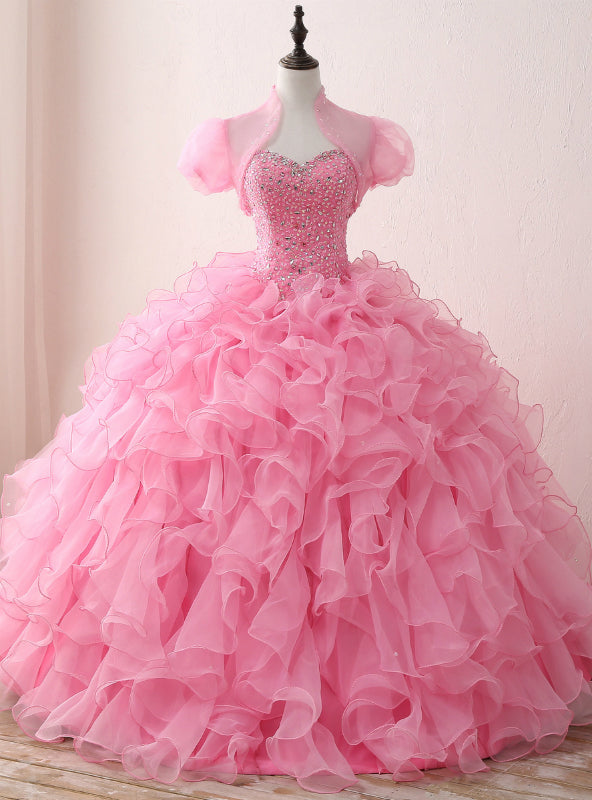 Pink Ball Gown Organza Sweetheart Neck Quinceanera Dresses With Sequins