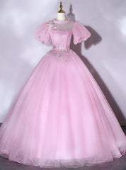 Pink Ball Gown Puff Sleeve Backless Appliques Quinceanera Dress